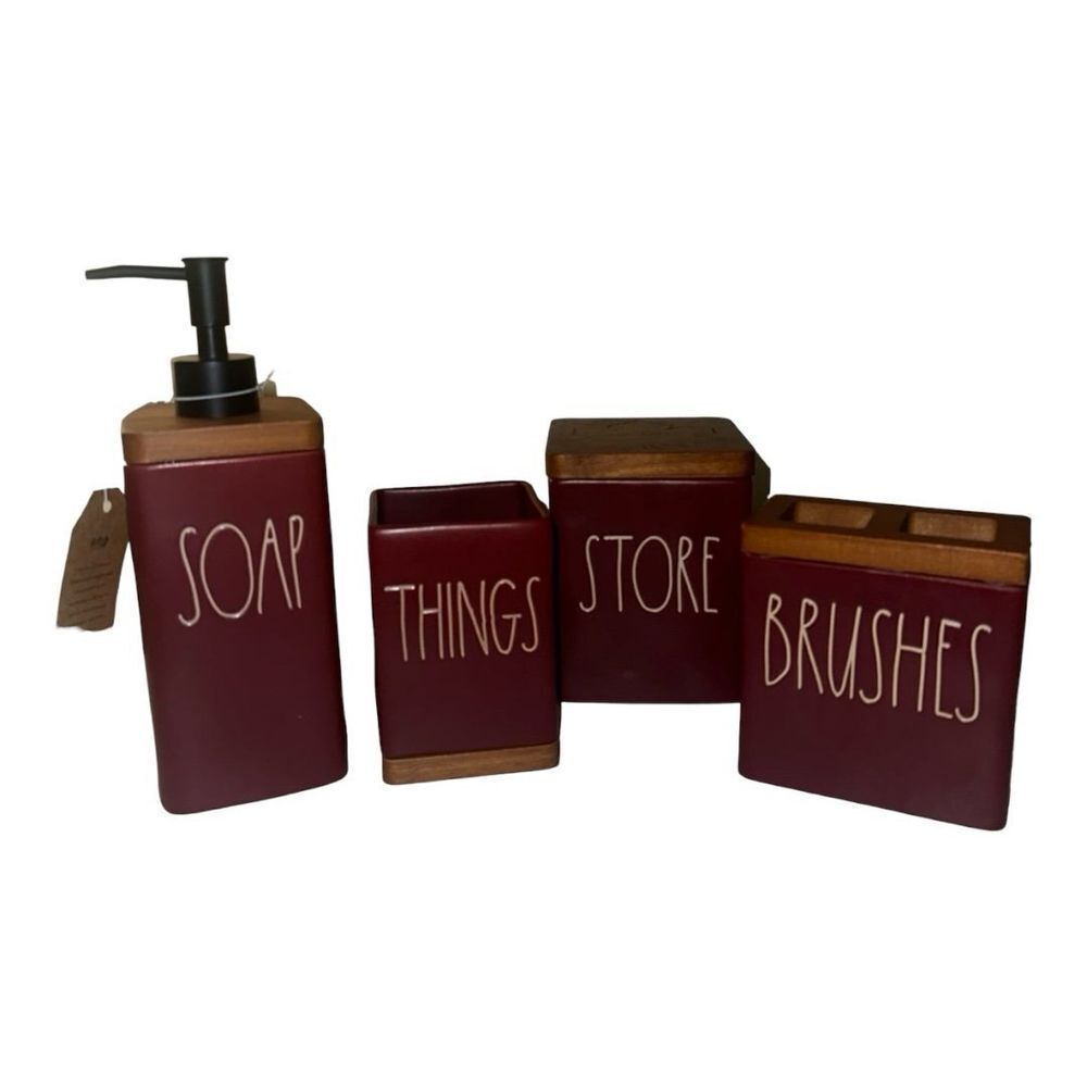 Rae Dunn Magenta Bathroom Accessory Set Soap Dispenser, Toothbrush‎ Holder, New